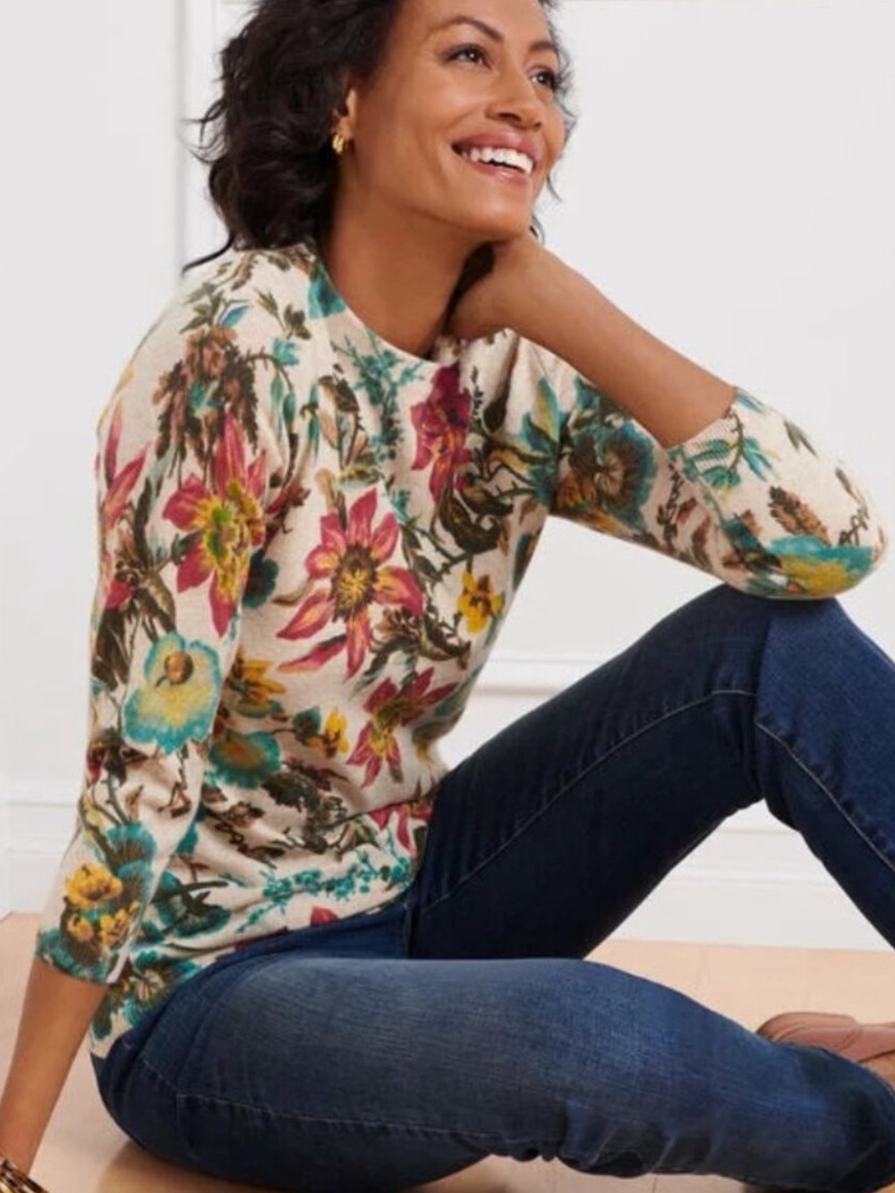 Talbots Audrey Cream Floral Crewneck Cashmere Sweater